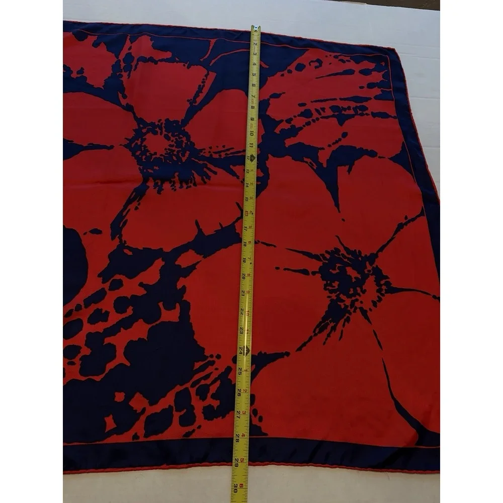 Vintage Silk Rayon Scarf Red Navy Blue Mod Floral Hand Rolled Japan 29